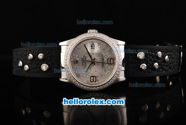 Rolex Datejust Automatic Movement Swiss Coating Case with Diamond Bezel-Grey Flower Pattern Dial and Black Rubber Strap - Click Image to Close